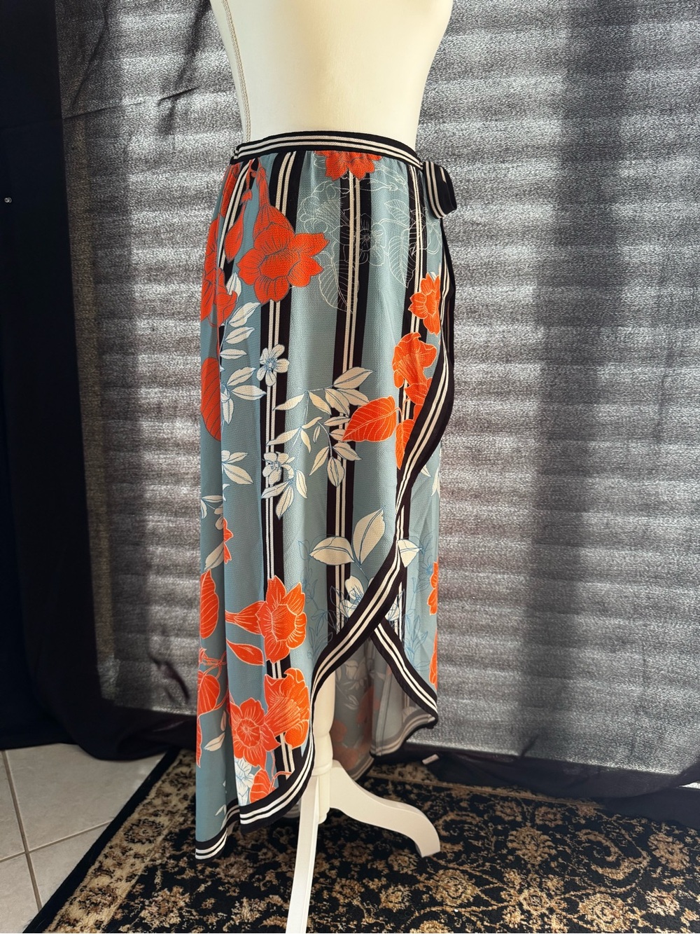 Floral Stripe Faux Wrap Midi Skirt - Blue with Orange Floral